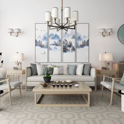 新中式沙发茶几吊灯地毯组合