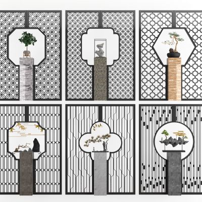 新中式花格摆件隔断屏风墙饰石头盆栽