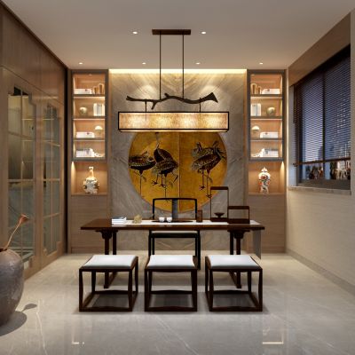 新中式荼室 茶桌 柜子 装饰拼 吊灯