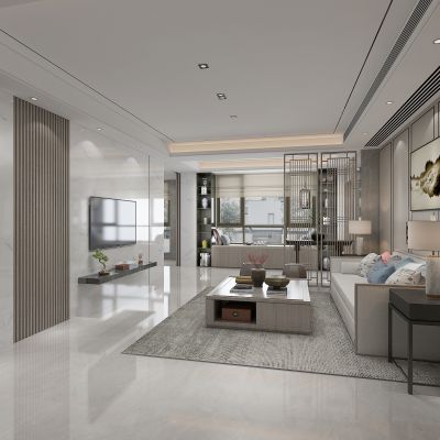 新中式无主灯客厅，格栅岩板电视背景墙，沙发背景墙，沙发茶几组合，屏风隔断