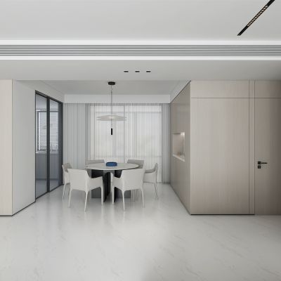 现代轻奢餐厅，客厅格栅隔断，隐形门，餐桌，厨房玻璃推拉门