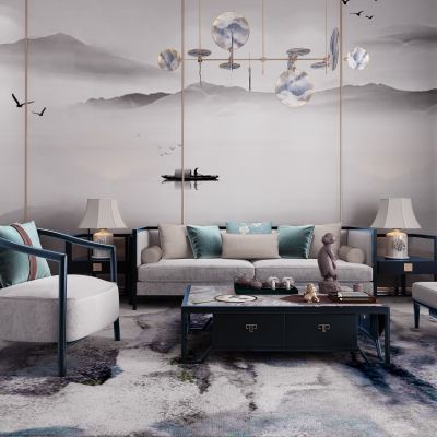 新中式沙发 茶几玄关柜吊顶组合