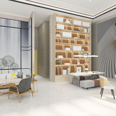 现代售楼处，楼盘销售中心洽谈区，洽谈沙发桌椅，休闲沙发桌椅，展示柜，储物柜