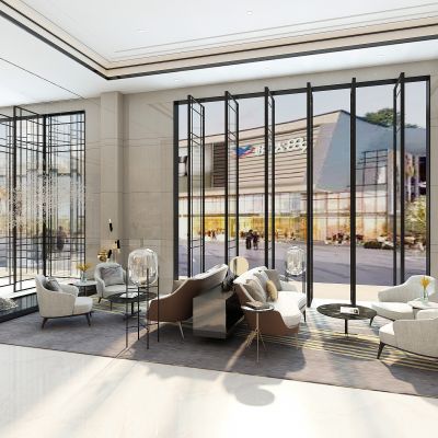 现代售楼处大厅，楼盘销售中心，玻璃大门，门厅，洽谈区，洽谈沙发桌椅，隔断景观
