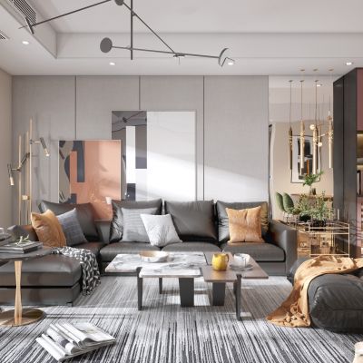 现代轻奢客餐厅 沙发茶几组合  酒柜  厨房 吧台 电视柜