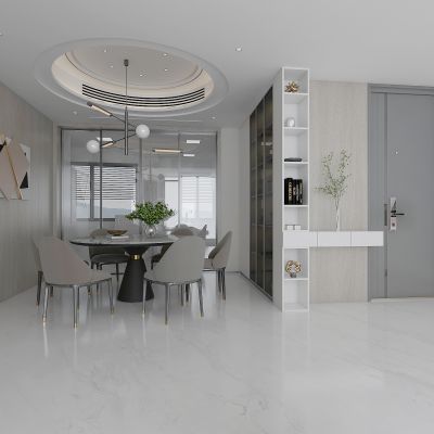 现代轻奢餐厅玄关，圆餐桌，厨房玻璃推拉门，酒柜，储物柜，玄关柜，入户门