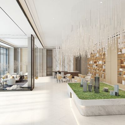 现代售楼处，楼盘销售中心，沙盘，书柜，展示柜，吊灯，洽谈区，洽谈沙发桌椅