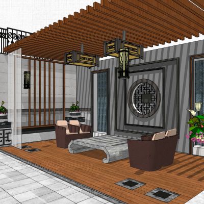 中式风格庭院品茶区SU模型