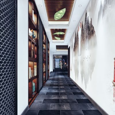 新中式茶叶店走廊树叶灯经理办公室