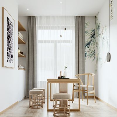 新中式茶室 茶桌椅 单椅 凳子 小吊灯