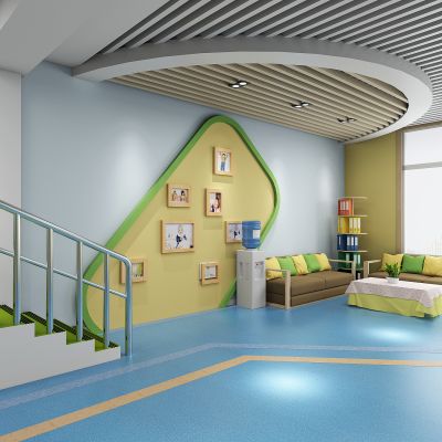 现代幼儿园休息区，儿童乐园，游乐场休息区，照片展示墙