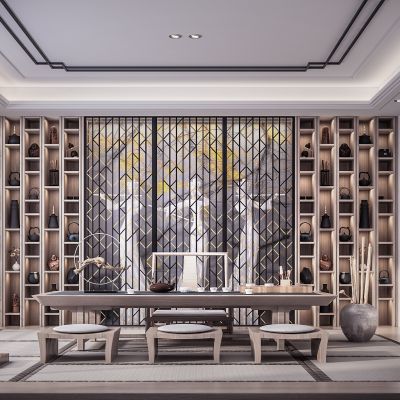 新中式禅意茶室 新中式餐桌椅 茶桌椅 吊灯 书柜 屏风 隔断 茶具 摆设