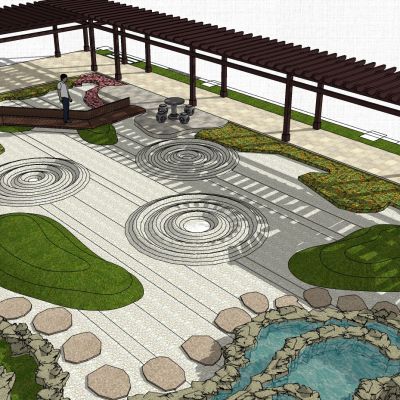 大庭院花园水景SU模型