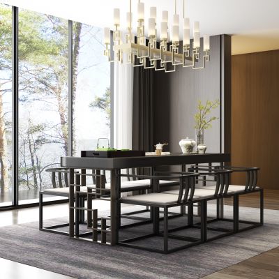 新中式实木茶桌椅茶具吊灯饰品组合