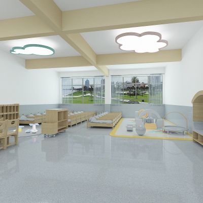 现代幼儿园休息室，幼儿储物柜，幼儿园儿童床，儿童爬爬乐，造型灯