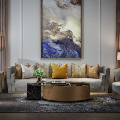 北欧客厅 沙发 茶几 装饰品 屏风画组合