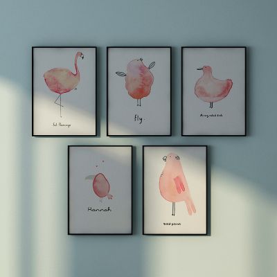现代粉色系鸟 简笔画 装饰画 壁画组合