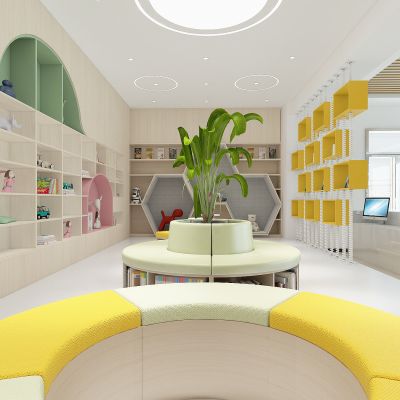 现代儿童阅读室，图书馆，阅览室，青少年活动空间，书架，书柜，隔断展示架，异形书柜椅