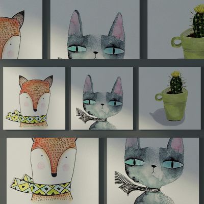 现代小清新狐狸猫仙人掌壁画组合
