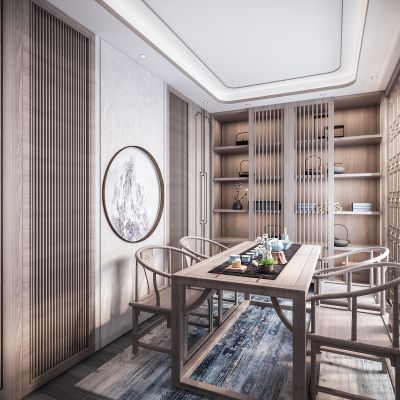 新中式禅意茶室 新中式餐桌椅 茶桌椅 吊灯 书柜 屏风 隔断 茶具 摆设