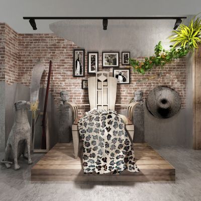 工业风装饰破墙绿植 草帽 大刀 枪 狗 主人椅