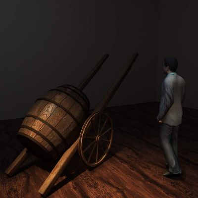 中式古旧推车 木酒桶