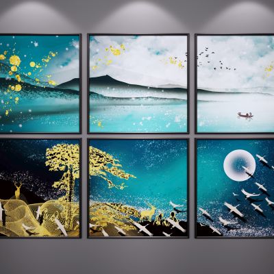 新中式装饰挂画 山水画 水墨画 三联画 端景画