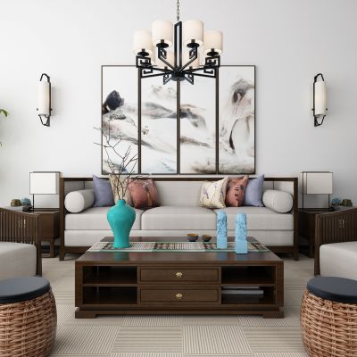 新中式沙发 茶几 吊灯 地毯