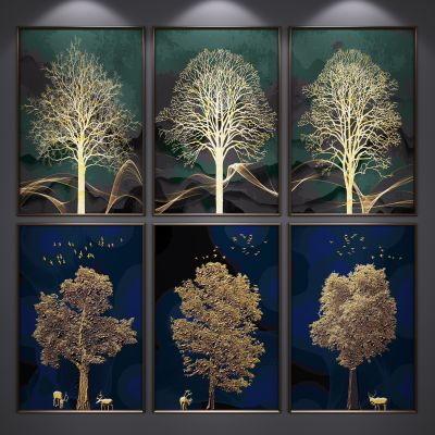 现代新中式装饰挂画 树木挂画 艺术画 三联画 玄关端景画