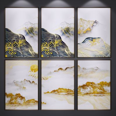 新中式装饰挂画 山水画 水墨画 艺术画 三联画 玄关端景画