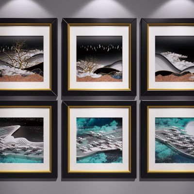 新中式装饰挂画 山水画 水墨画 艺术画 三联画 玄关端景画