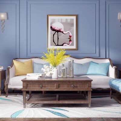 美式实木沙发，茶几组合