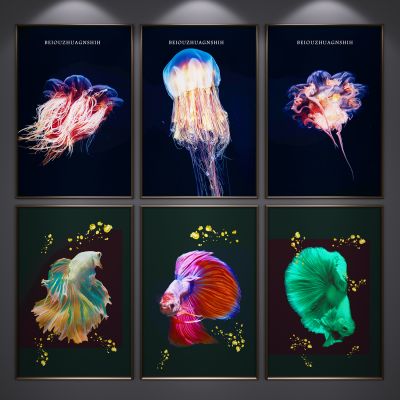 现代北欧装饰挂画 艺术画 三联画 金鱼挂画