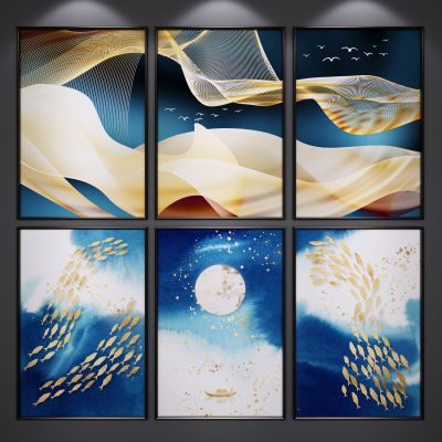 新中式装饰挂画 山水画 艺术画 抽象画 三联画