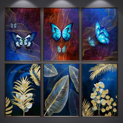 现代北欧装饰挂画 艺术画 三联画 抽象画 蝴蝶植物挂画