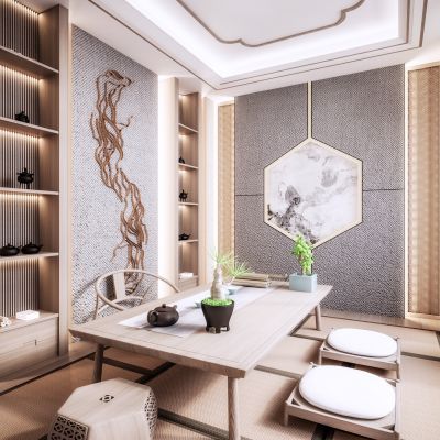 新中式禅意茶室 茶桌椅 吊灯 书柜 屏风 隔断 茶具 摆设