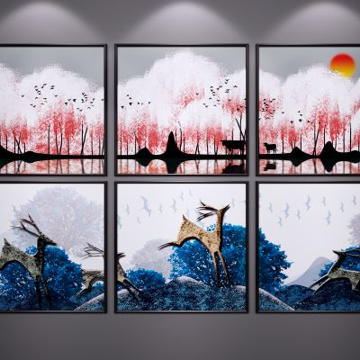 现代新中式装饰挂画 山水画 水墨画 艺术画 三联画 玄关端景画