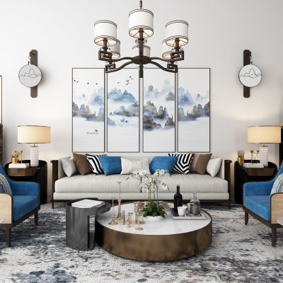 新中式沙发茶几吊灯地毯组合