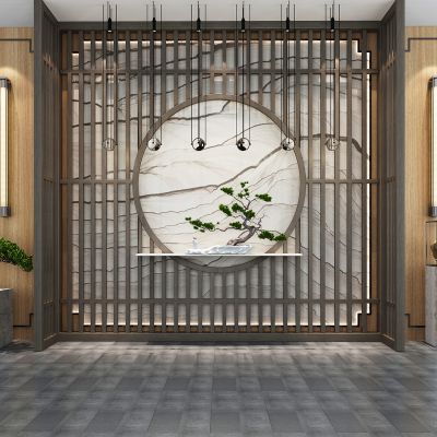 新中式背景墙 形象墙 中式隔断 中式壁灯 吧台背景墙