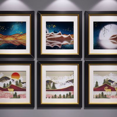 现代新中式装饰挂画 山水画 水墨画 艺术画 三联画 玄关端景画