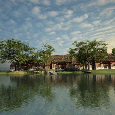 古建小屋老树木屋老屋中式瓦房民房水景水屋 老树千年老树根