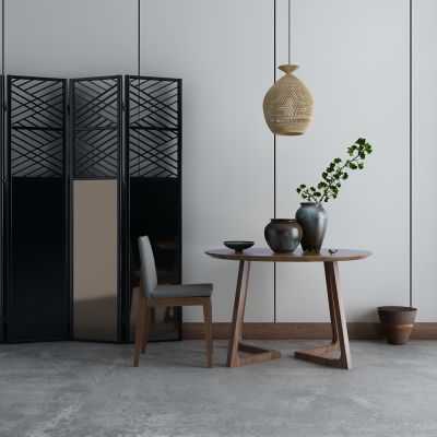 新中式餐桌椅组合 组编吊灯 金属隔断3D模型