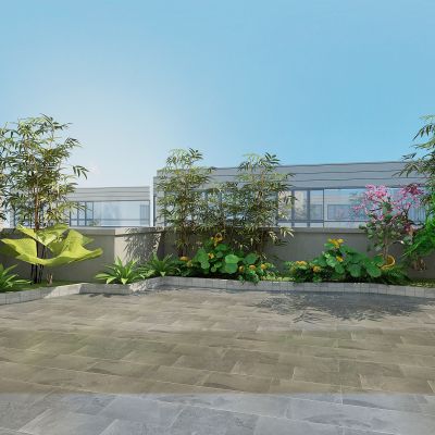 现代别墅露台庭院景观，绿植，植物堆，竹子，墙边花坛