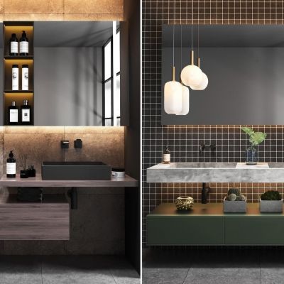 现代洗手台 水泥双盆组合