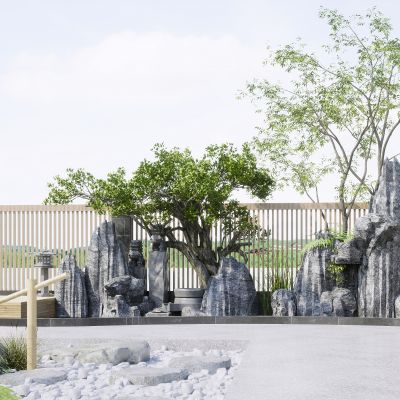 新中式庭院花园 庭院小品 假山石头 枯山水庭院景观 松树 室外植物 禅意景观