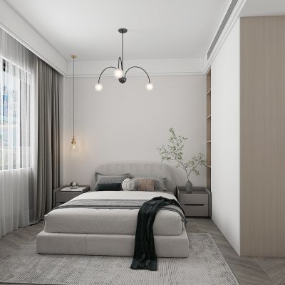 现代卧室，主卧，次卧，窗帘，床，衣柜，室内门
