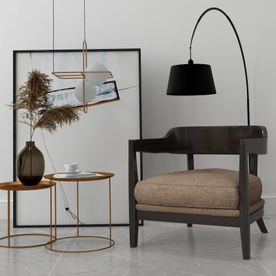 现代单椅 休闲椅 边几 挂画 落地灯组合
