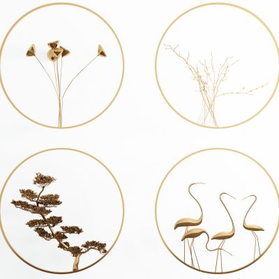 新中式圆形金属墙饰 金属松树鹤荷花花枝挂件