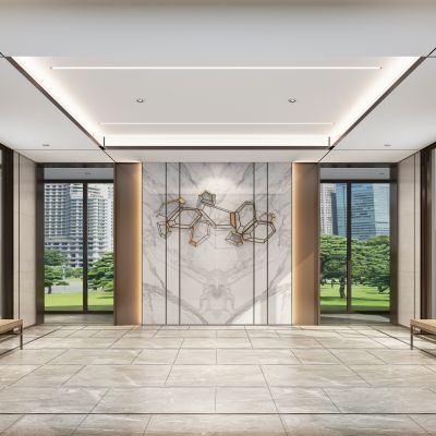 现代小区楼盘入户大堂 电梯厅 墙饰壁灯3D模型
