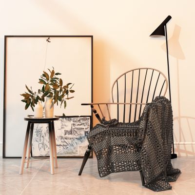 北欧现代单椅 休闲椅 边几 挂画 吊灯组合